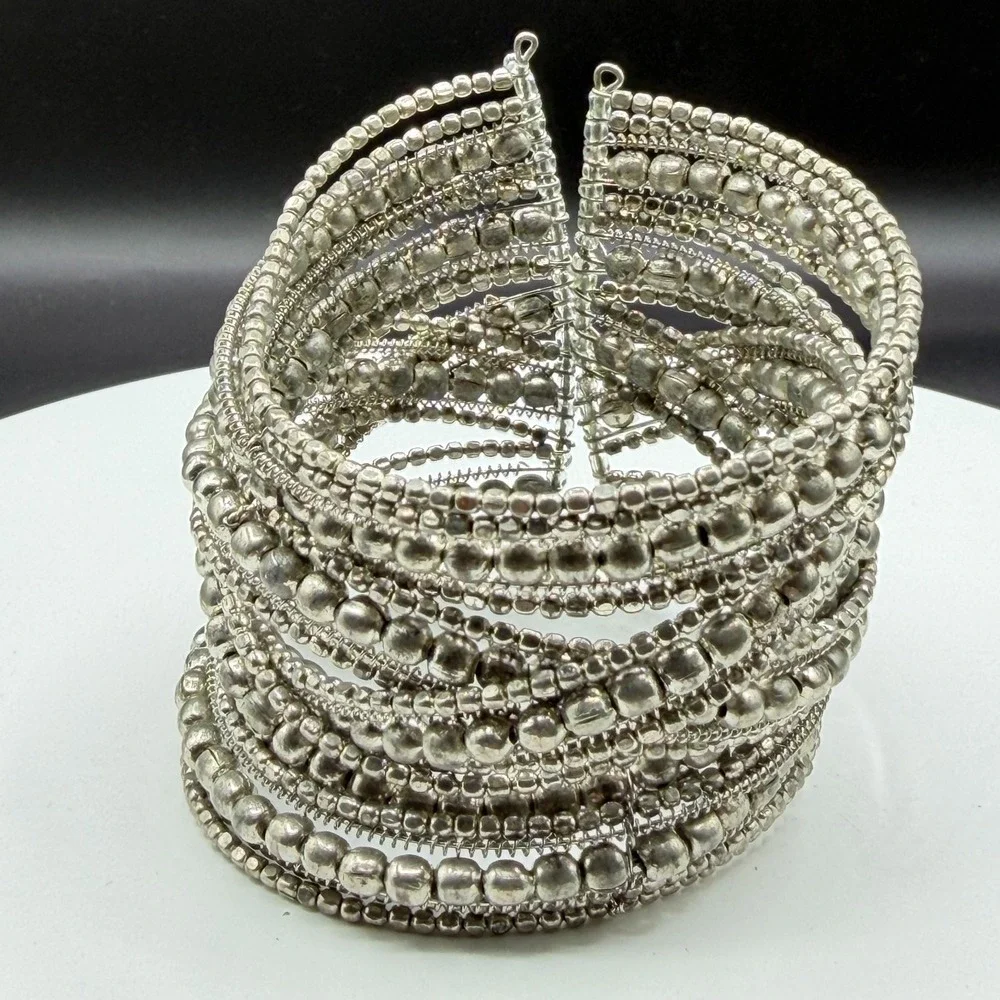 Silver Tone Multi Strand Beaded Wire Cuff Bracelet Boho Statement Festival Gift